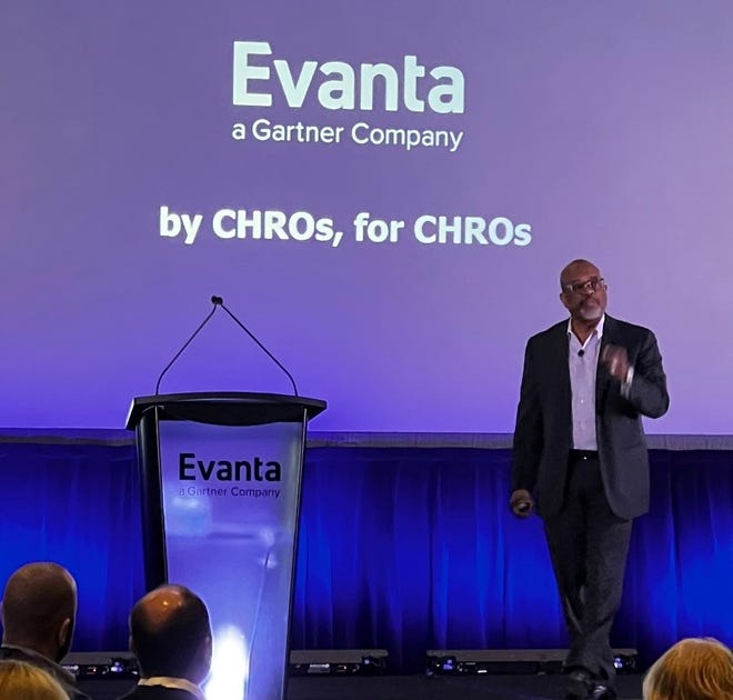 Executive Keith Wyche help companies with diversity efforts. He is shown here speaking at a Dec. 7, 2021 Evanta event for executives in Atlanta.