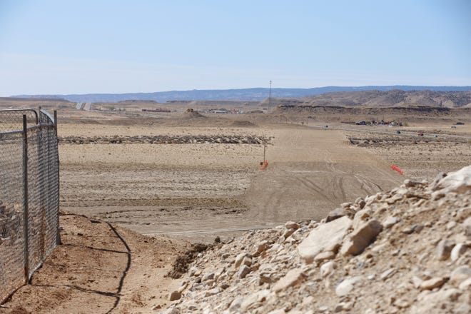 The path of the Navajo-Gallup Water Supply is visible from the top of a hill in Sheep Springs on April 15, 2021. The hilltop is where construction continues on a pumping plant for the water pipeline.