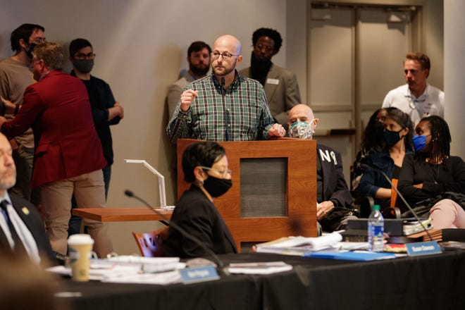 David O'Keefe speaks in opposition to the proposed funding for Doak Campbell Stadium during a Blueprint meeting at City Hall on Thursday, Feb. 24, 2022.