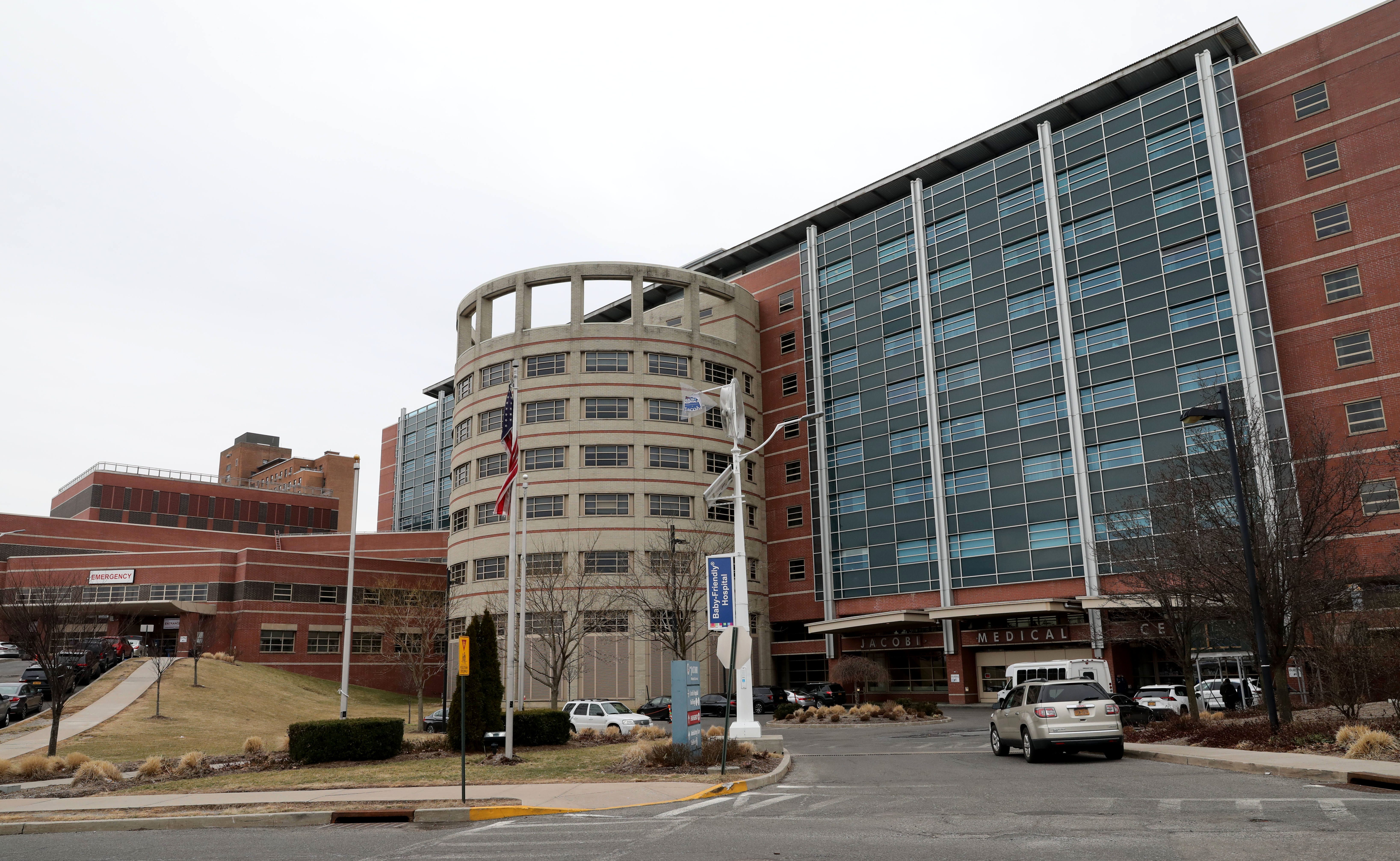 The exterior of the Jacobi Medical Center in the Bronx, photographed Feb. 24, 2022. The facility was among 15 hospitals in New York that faced a combined $54,000 in fines connected to at least 50 patient-restraint violations since 2015.