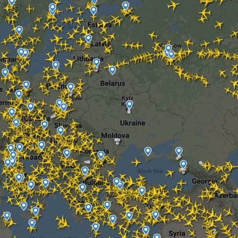 Map of flights around Ukraine on Feb. 24, 2022, th