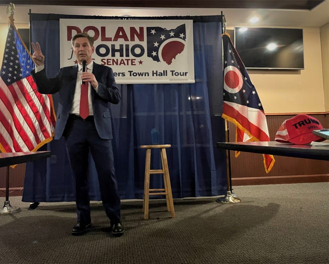 State Sen. Matt Dolan, R-Chagrin Falls, speaks during a town hall for his U.S. Senate campaign in February 2022. He is running again in 2024.