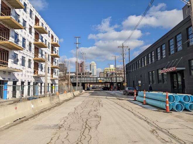 The Gravity development, under construction to the left, is acquiring the Idea Foundry, on the right. West State Street separates the projects.