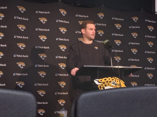 Press Taylor speaks during the Jaguars' assistants introductory news conference. Doug Pederson hired Taylor to serve as offensive coordinator.