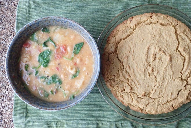 Vegan buttermilk cornbread pairs well with lentil and cauliflower curry soup.