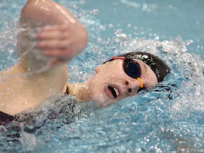 Caitlin Cox of Marlington competes in the DII girls 500 yard freestyle prelims during the state swimming and diving championships at C.T. Branin Natatorium in Canton on Thursday, Feb. 24, 2022.