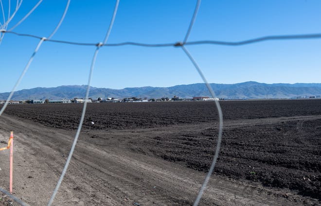Se observa la valla de metal que bloquea la entrada a un campo de agricultura cerca de una zona industrial en Salinas, California, el viernes 25 de febrero de 2022.