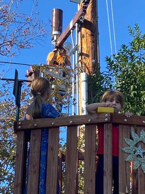 A small cell tower installed near the backyard of Nicole Golden's Moorpark house, less than 15 feet from where her children, Layla and Luca, play.