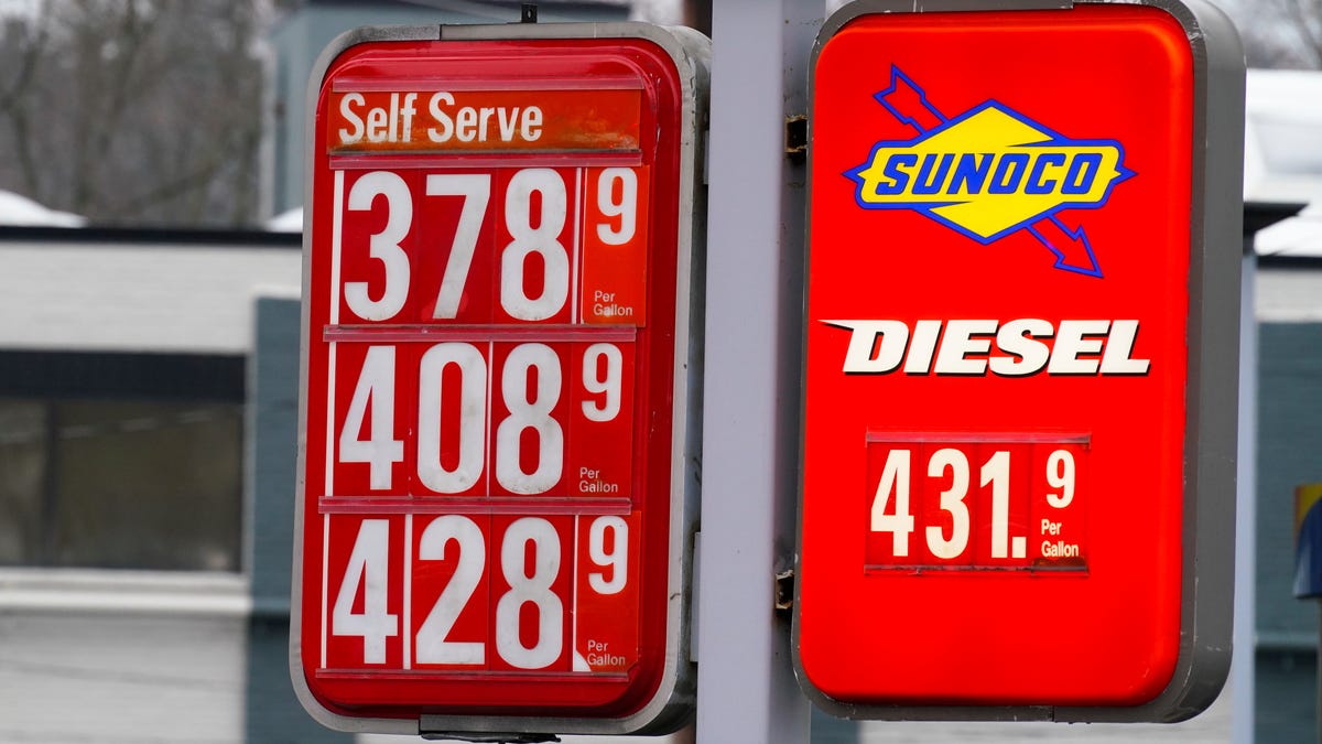 Shown are file prices at a filling station in Huntingdon Valley, Pa., Tuesday, Feb. 22, 2022.  U.S. consumer confidence declined modestly this month but remains high, even as prices for just about everything continue to rise.  (AP Photo/Matt Rourke)