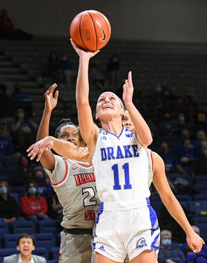 Drake guard Megan Meyer attempts a shot against Illinois State at the Knapp Center on Feb. 25.