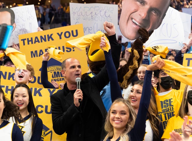 Alumnus Marcus Lemonis is acknowledged for his commitment to a $15 million gift to create the Lemonis Center for Student Success at Marquette University during the school's men's basketball game against Butler Saturday, February 26, 2022 at Fiserv Forum.