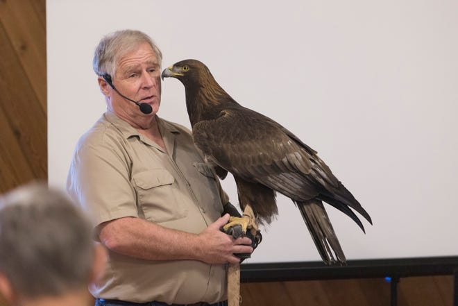 Martin Tyner, with the Southwest Wildlife Foundation of Utah, demonstrates his Birds of Prey at the Silver Reef Museum Saturday, Feb. 26, 2022. 