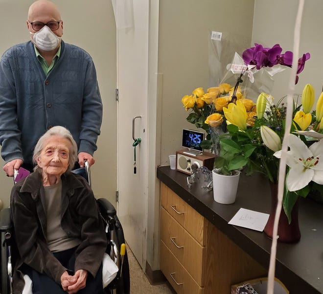 Lillian Haritos, who turned 104 on Feb. 26, 2022, with Quincy lawyer Joel Davidson. Lillian lived in her own apartment in Quincy well past her 100th birthday and is now in a skilled nursing home. She has a sister who will soon be 106.