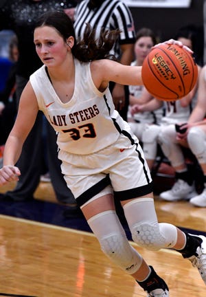 Robert Lee sophomore Kailey Freeman moves up to the basket during Saturday's final UIL Region 2-1A Girls' Regional Basketball Tournament against Hermleigh in Snyder Feb. 26, 2022. The Robert Lee Lady Steers won 53-50, securing a place at the upcoming state tournament in San Antonio.