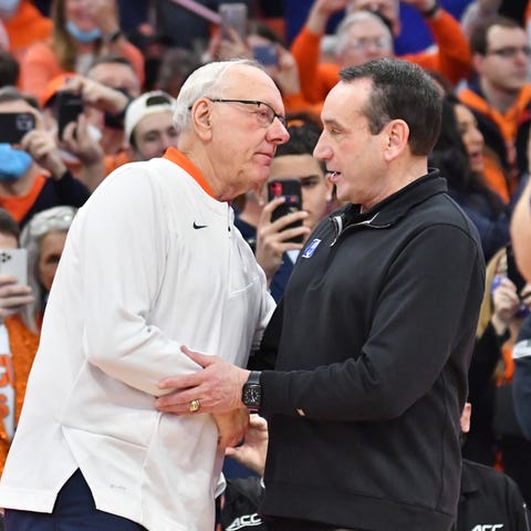 Syracuse head coach Jim Boeheim greets Duke head c