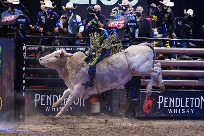Jose Vitor Leme rides bull Livin Lucky during a 2020 PBR professional bull riding Monster Energy Team Challenge. Leme will more than likely be the first pick of the Austin Gamblers during the Professional Bull Riders team draft in May.