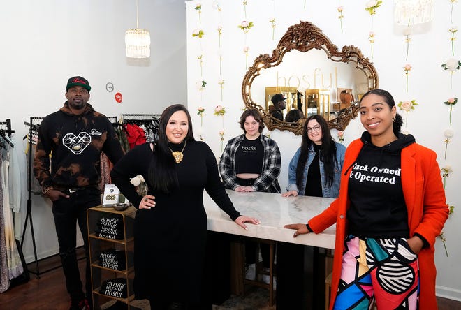 Lindsey Drahos, left center, is the owner of retail boutique Hosful Collective on Parsons Avenue. With her are Scott Keyes, owner of Love Savage Clothing, left, Vanessa Veigel, back center, Jess Mishos, owner of Buzz Buzz Chopshop, back right, and Keira Chatman, owner of By The People, right.