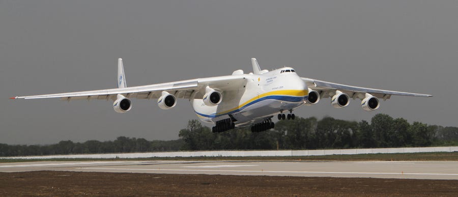 The Ukrainian Antonov-225 Mriya (Dream), the world's heaviest and largest aircraft, makes a test landing at the new runway at the airport in Donetsk, Ukraine on July 26, 2011.