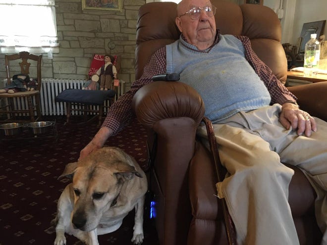 Army veteran and Bronze Star recipient Gene Edwards, of Langhorne, which his dog, Irene, in 2020.