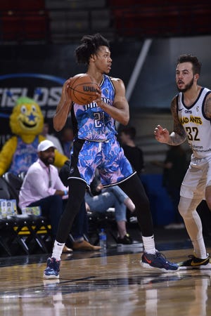 Lakeland Magic guard Jeff Dowtin waits for a play to develop in a contest versus the Mad Ants on Sunday, Feb. 27, 2022. The Magic went on to win 122-111 at the RP Funding Center.