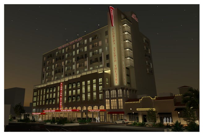A nighttime rendering of the Mulva Arts Plaza.