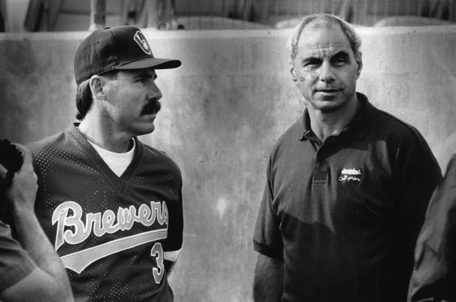 Brewers general manager Sal Bando with manager Phil Garner in 1992.