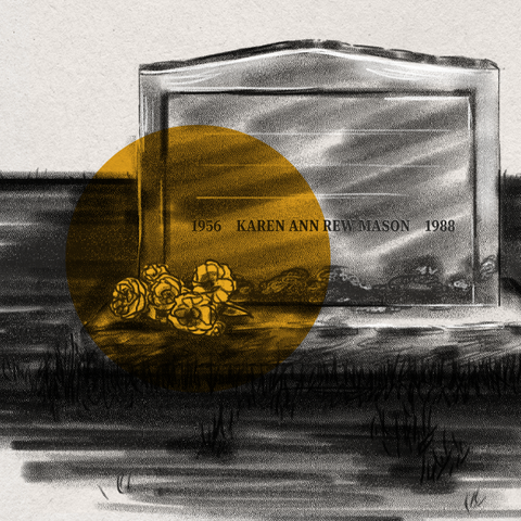 The gravestone reads: Karen Ann Rew Mason, 1956-19