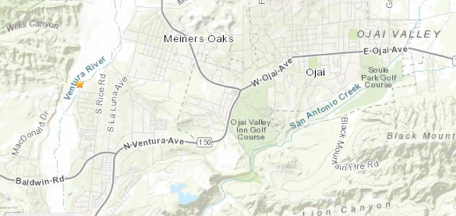 The U.S. Geological Survey reported three mild tremors west of Ojai on Monday night. Star indicates the center of the third quake that registered 2.6 magnitude at 10:34 p.m.