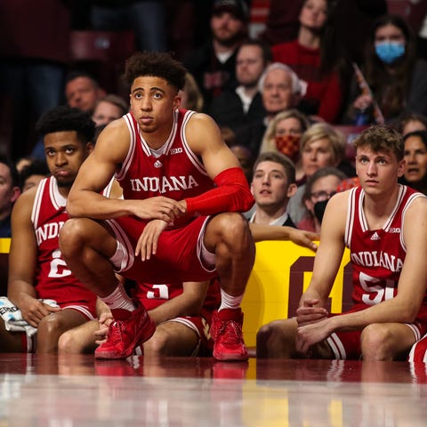 Rob Phinisee of the Indiana Hoosiers looks on agai