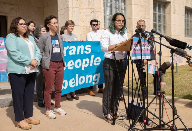 Adri Perez, ACLU of Texas Policy and Advocacy Strategist, speaks at a rally in support of transgender children and their families at the Heman Marion Sweatt Travis County Courthouse on March 2, 2022.