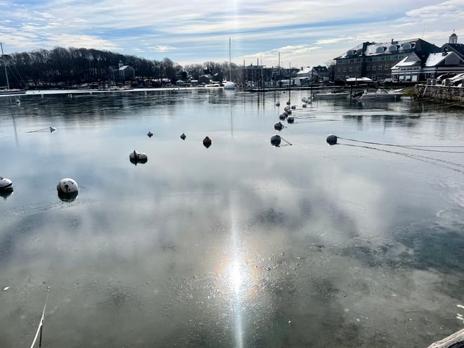 Frozen buoys dot Woods Hole Harbor.