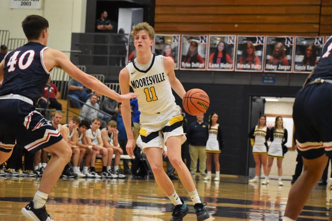 Mooresville's Wesley Reeves looks to take the ball inside on Terre Haute North defender Ethan Scott during their sectional matchup on March 1, 2022.