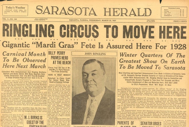 Circus plans were front page news in the March 23, 1927, Sarasota Herald.