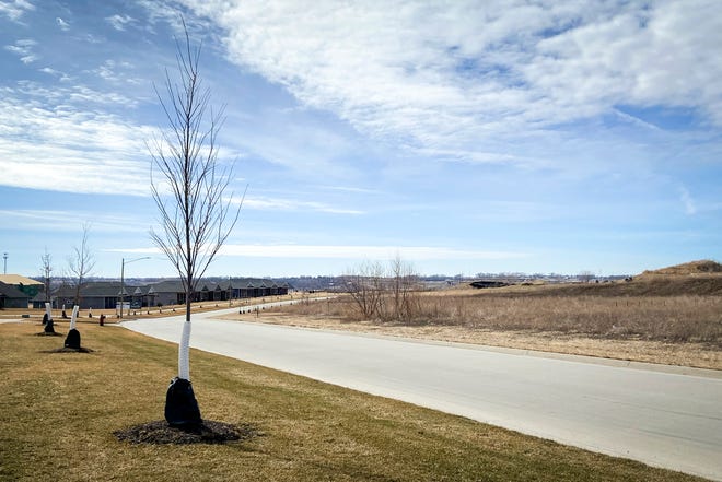 Trees and new housing lining Jones Boulevard are seen Tuesday, near the proposed site of a new elementary school in the Clear Creek-Amana school district in Coralville.