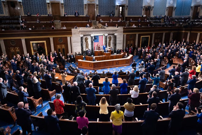 President Joe Biden delivers his first State of the Union address to a joint session of Congress at the Capitol, Tuesday, March 1, 2022, in Washington.