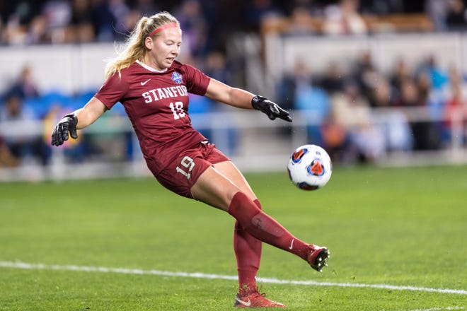 Stanford Cardinal goalkeeper Katie Meyer (19) takes a goal kick against the North Carolina Tar Heels in the second half of the College Cup championship match at Avaya Stadium.