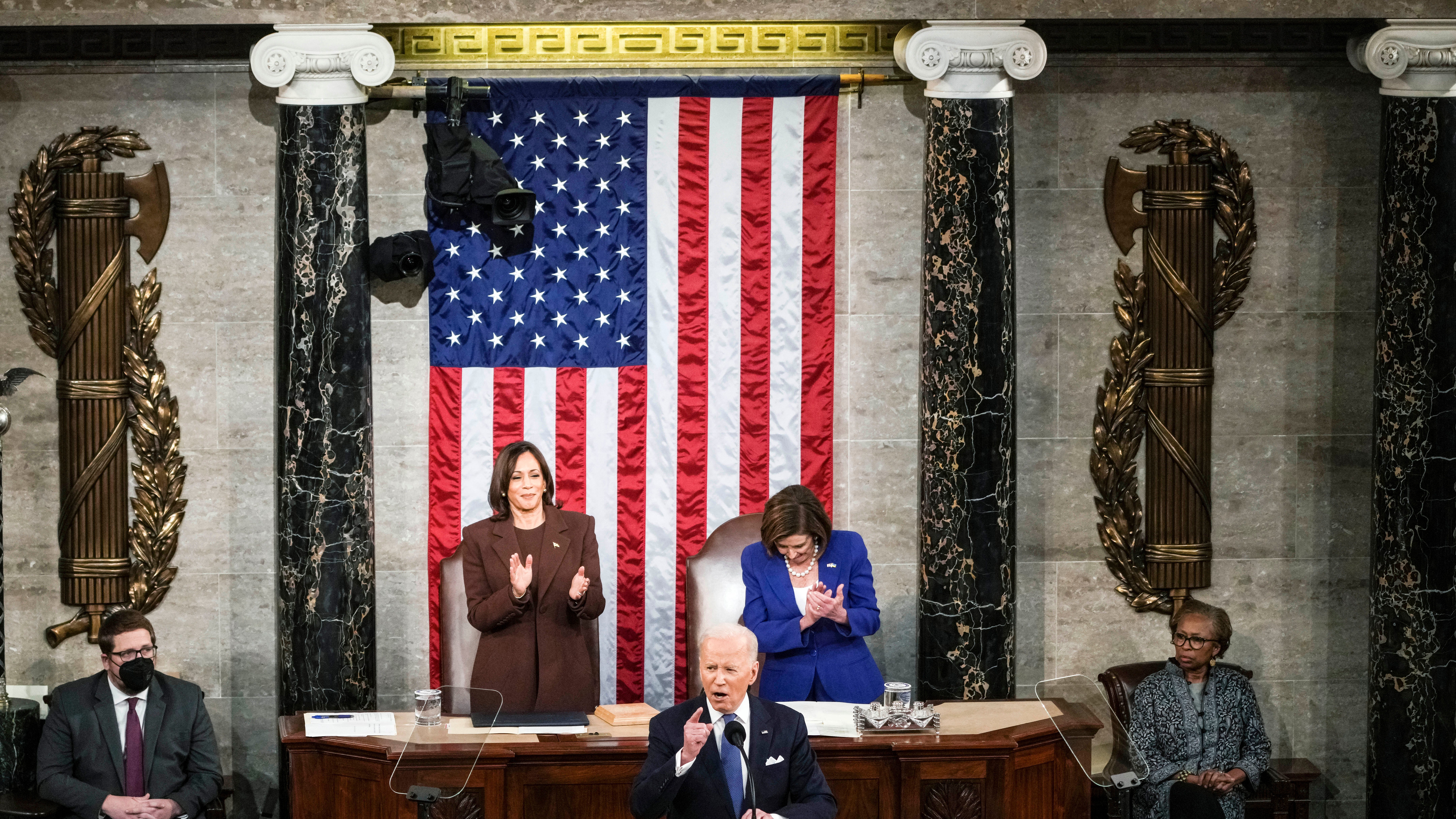 President Joe Biden delivers his first State of the Union address to a joint session of Congress at the Capitol March 1 as Vice President Kamala Harris and Speaker of the House Nancy Pelosi, D-Calif., applaud.
