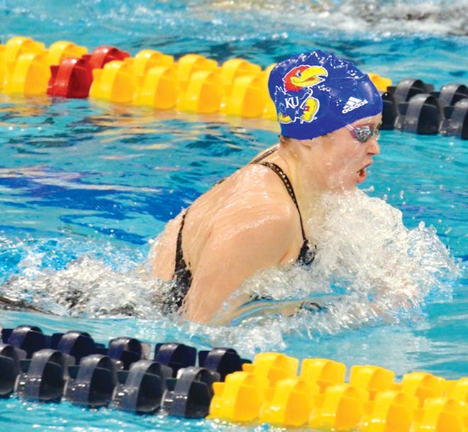 Bartlesville High graduate and University of Kansas swimmer Kate Steward slices through the water during the 2022 Big 12 championship meet. Steward is advancing to the prestigious NCAA Division I swimming and diving championships to be held later this month. (Photo courtesy of Susan Steward.)