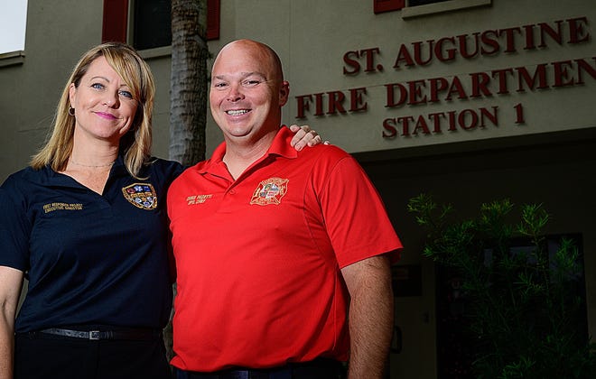 Psychologist Tracy Hejmanowski (left), founder and CEO of the nonprofit First Responder Project will work with LSF Health Systems to develop training to prepare first responders to provide peer support for colleagues facing mental or emotional challenges. Hejmanowski was photographed in December with St. Augustine Fire Department Operations Chief Chris Pacetti, who has helped the group's fundraising efforts.