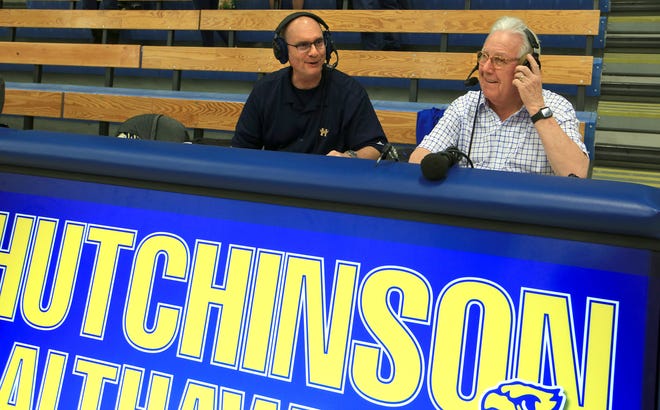 Dan Naccarato (left) and Glen Grunwald (right) finish up their sports broadcast of the boys Class 6A sub-state semifinal game of Hutchinson vs. Garden City Wednesday, March 2, 2022, at the Salthawk Activity Center. Grunwald won the KIAAA sportscaster of the year award.