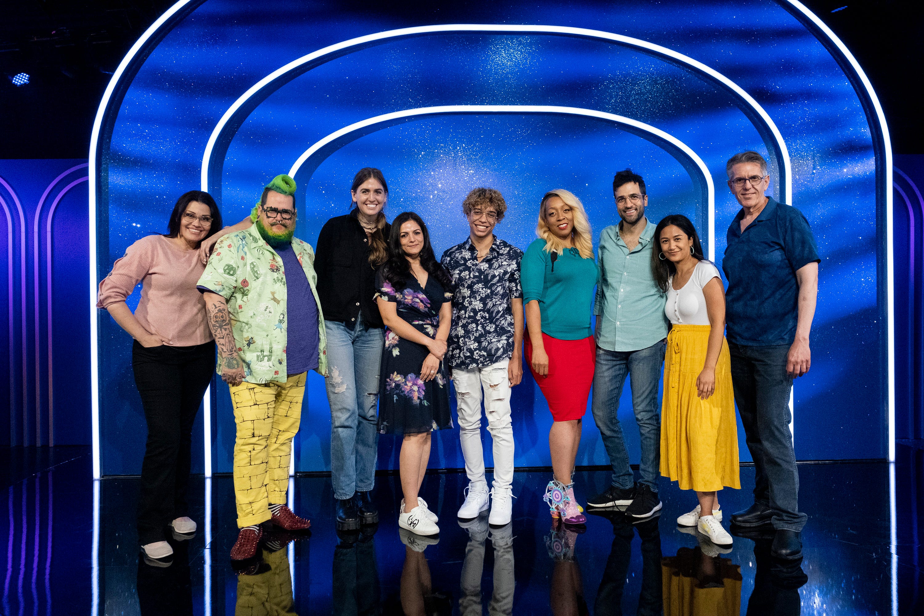 The cast of "Is It Cake?" from left: Dessiree Salaverria, Andrew Fuller, Sam Cade, Hemu Basu, Justin Ellen, Nina Maria Charles, Jonny Manganello, April Julian and Steve Weiss