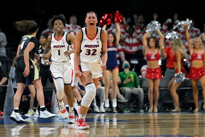 Arizona forward Lauren Ware (32) reacts after a basket against Colorado during an NCAA college basketball game in the quarterfinals of the Pac-12 women's tournament Thursday, March 3, 2022, in Las Vegas. (AP Photo/David Becker)