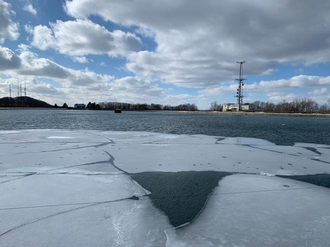 Ice is seen along an edge of Cobb's Hill Reservoir in Rochester on March 3, 2022. The reservoir holds 144 million gallons of water drawn from Hemlock and Canadice lakes that provides drinking water for the city of Rochester.