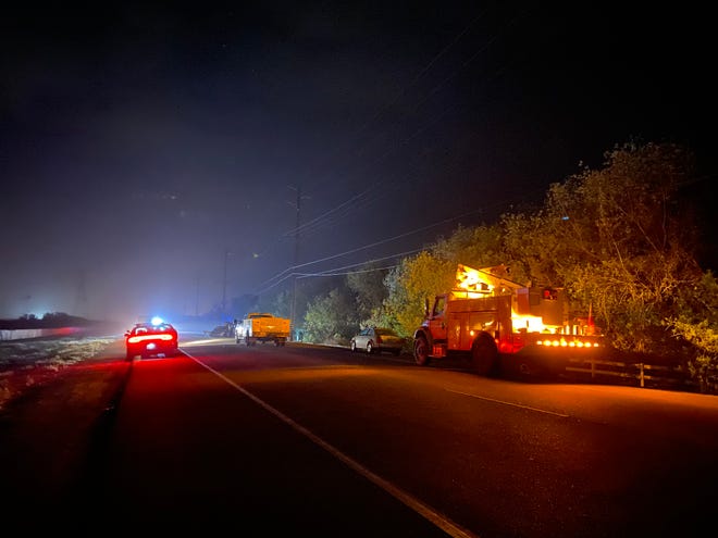 California Highway Patrol officers and other emergency vehicles at the scene of a double-fatal crash outside Oxnard on Harbor Boulevard, south of  Gonzales Road on Wednesday night, March 2, 2022.
