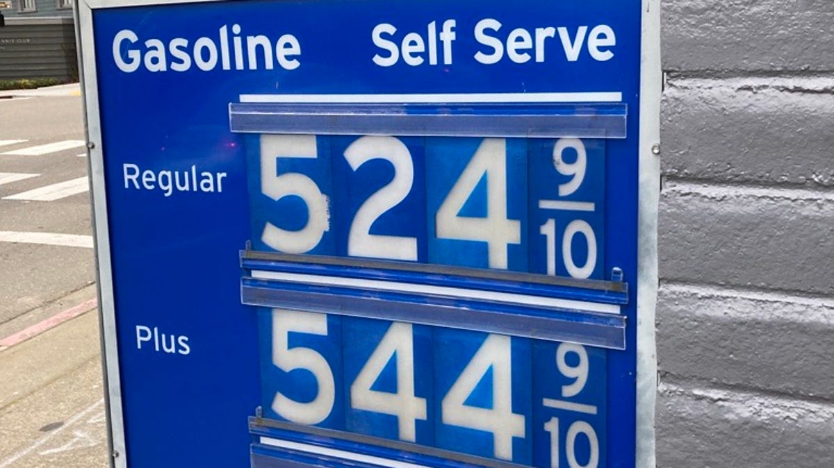 Gasoline prices displayed at a station in Berkeley, California on March 3, 2022. Gas prices in California are approaching $5 on average for a gallon of regular, according to GasBuddy and the American Automobile Association.