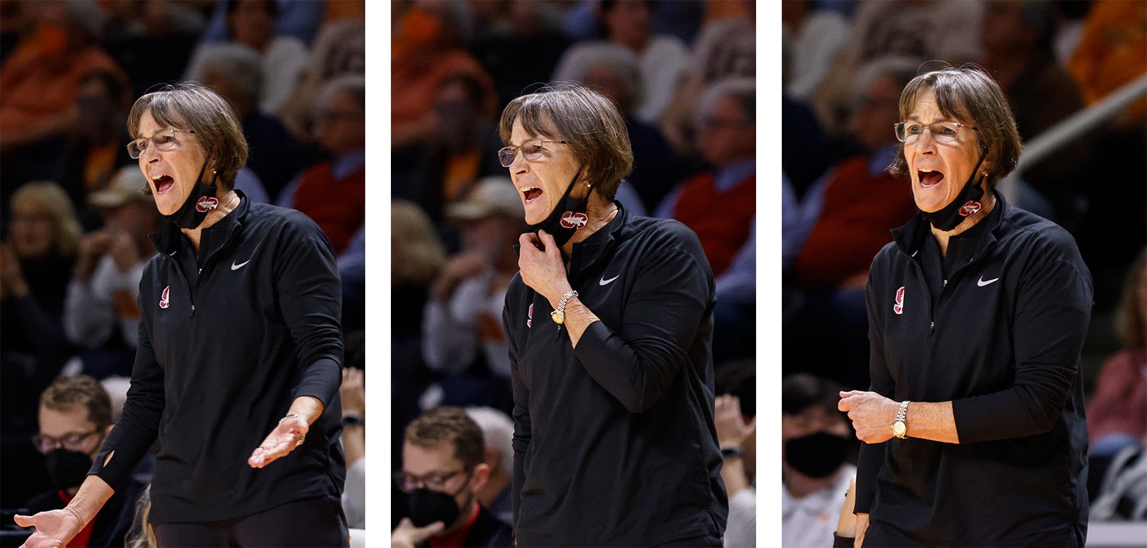 Stanford head coach Tara Ann VanDerveer yells to her players during the first half of an NCAA college basketball game against Tennessee, Dec. 18, 2021, in Knoxville, Tenn.