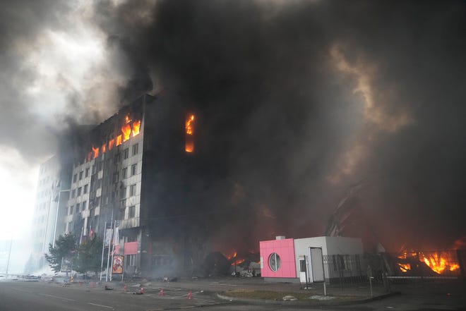 A building burns after shelling in Kyiv, Ukraine, on March 3, 2022.