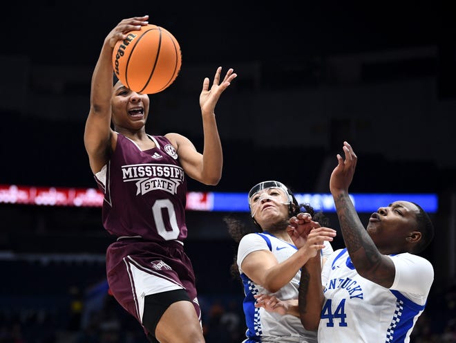 Mississippi State guard Anastasia Hayes (0) tries to get to the basket during the SEC Women's Basketball Tournament game against Kentucky in Nashville, Tenn.  on Thursday, March 3, 2022. 
