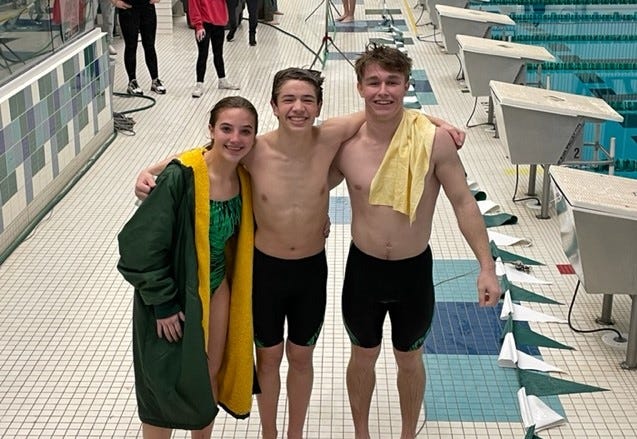 Howell divers (from left) Mackenzie McCormick, Peter Mick and Spencer Holdcraft qualified for the state Division 1 meet with their performances in the regional at Novi on Thursday, March 3, 2022.