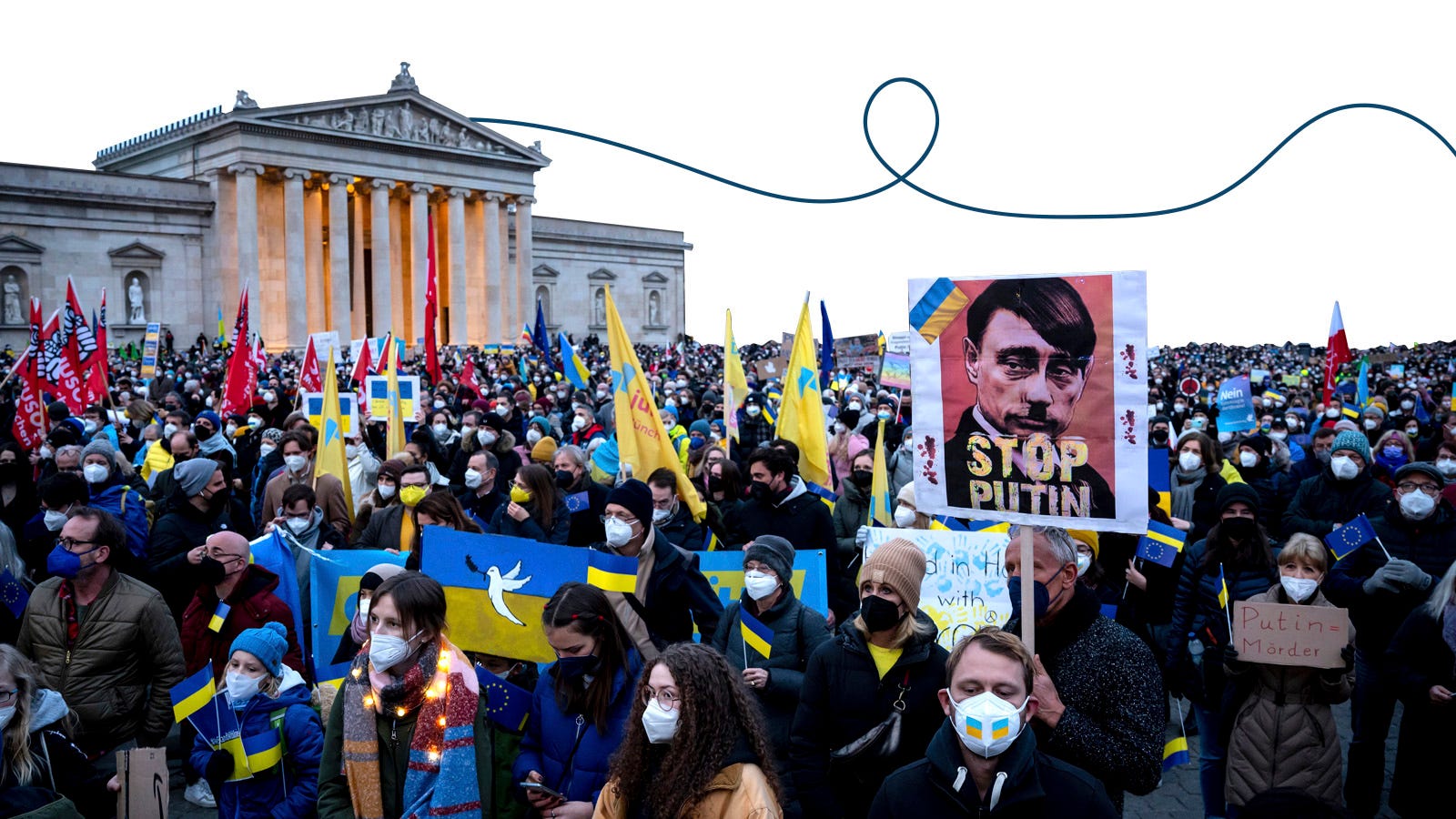 Demonstrators protest against the war in Ukraine in Munich, Germany, Wednesday, March 2, 2022.